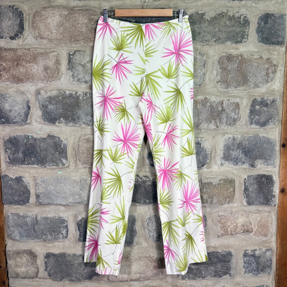 Talbots Silk Blend Tropical Palm Leaf Print Pants White Pink Green Size 6 Summer